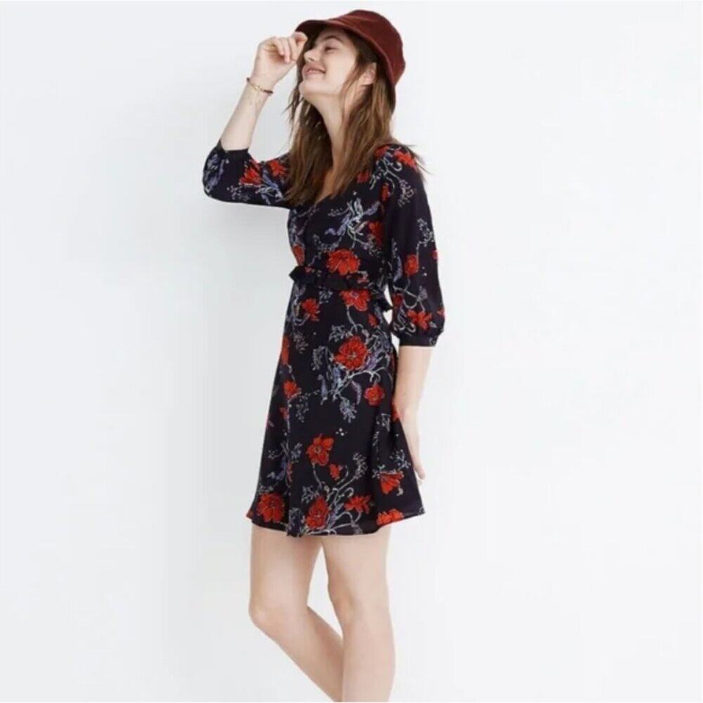 Madewell Silk Ruffle-Waist Dress in Windblown Poppies